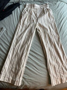 Banana Republic Alva Linen Cotton Wide Leg High Waist Pant Size 00 White Striped